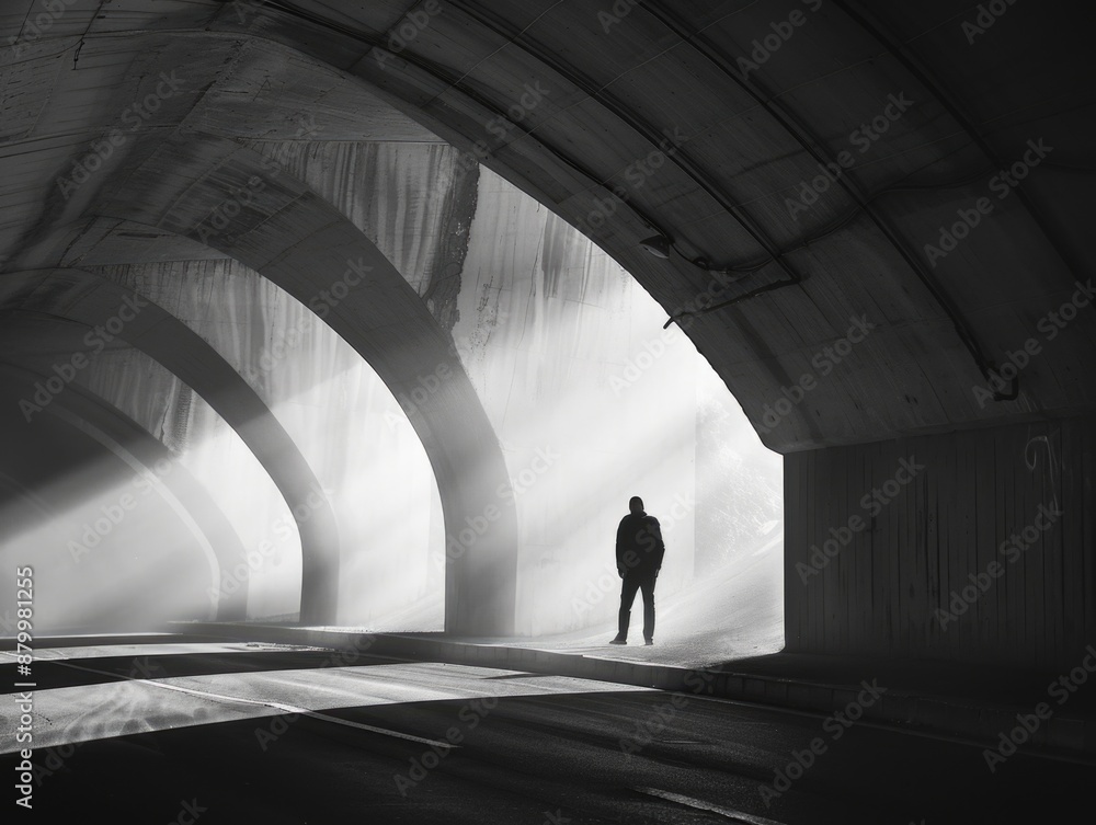 Wall mural Man stands in tunnel with light shining on him