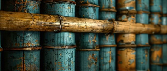   A close-up of blue and gold pipes on a wall of the same colors