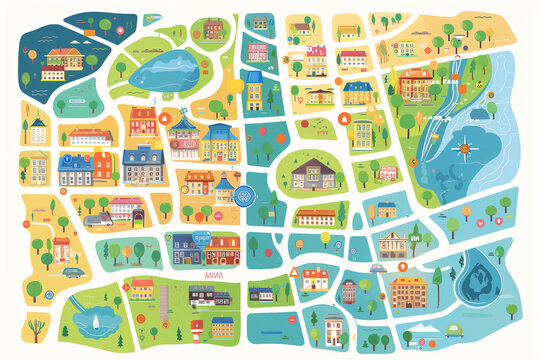 City map infographic with detailed streets, buildings, and navigation icons. Clear and colorful design. Generative AI tools