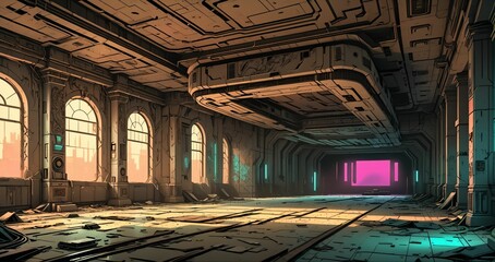 abandoned room interior in cyberpunk sci fi building. dystopian old palace ballroom warehouse in lo fi style. neon bright colors in futuristic empty tower.