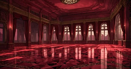 Obraz premium palace interior of room red ballroom sun room with sunlight through windows. elegant mansion gothic baroque castle decor and victorian style. candles and chandelier lighting.