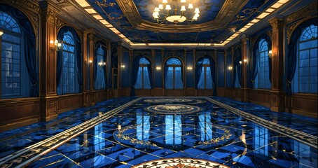 Fototapeta premium blue lobby room interior of mansion palace hotel building. door walkway art nuevo gothic blue and gold ornamental style with candles and deco symmetrical detailing.