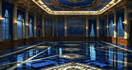 Obraz premium blue lobby room interior of mansion palace hotel building. door walkway art nuevo gothic blue and gold ornamental style with candles and deco symmetrical detailing.