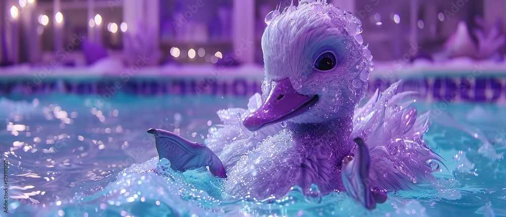 Poster a close-up of a duck in a pool with a fish in its mouth and a building in the background