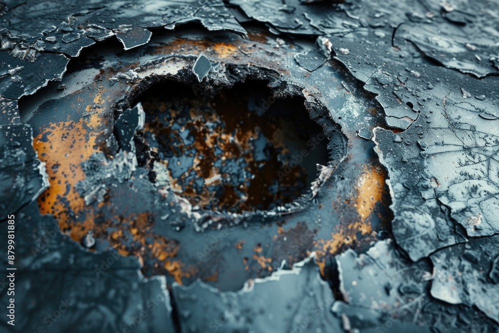 Poster A rusted metal surface with a hole in it, suitable for use as an abstract background or to represent decay and neglect