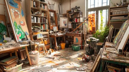 Authentically messy artist's studio mid-creation, with copy space