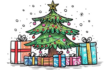 Obraz premium Christmas-themed drawing , featuring festive elements like a Christmas tree, Santa Claus, and ornaments. Perfect for children's activities and holiday fun
