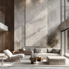 3D illustration and render of a mock-up wall in a modern interior with neutral wooden elements, featuring a living room with dried plants and home decor.