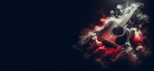 A digital art close-up of a full guitar in smoke, with a striking crimson-black color scheme. Ideal for profile pictures or lounge backgrounds. Front view.