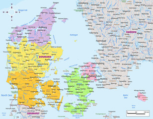 Fototapeta premium Denmark political map with capital , cities, towns, national borders, rivers and lakes. labeling