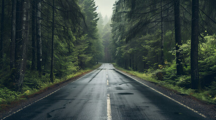Fototapeta premium Road after rain running through foggy forest