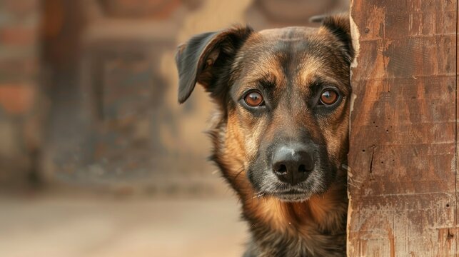 Homeless dog staring at camera with blank area