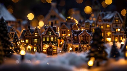 Fototapeta premium Charming European Christmas village, night cityscape, with copy space