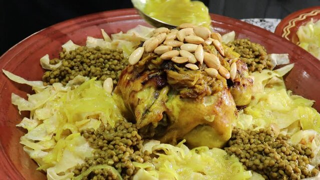 Moroccan Food Rfissa Dish with Chicken, Lentils, and Eggs - Authentic Moroccan Cuisine Video, Traditional Moroccan Cooking, Moroccan Recipes, High-Quality Moroccan Food Video, Moroccan Food Culture