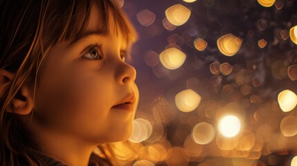 Fototapeta premium Child's wide-eyed wonder at fireworks, with copy space