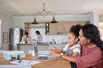 Mother, girl or happy with laptop in home for learning, education or homeschool lesson with remote...