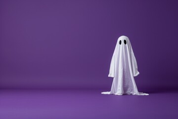 Young child dressed in a classic ghost costume for Halloween on a background with copy space