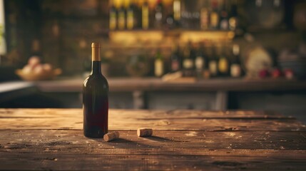 Aged wooden table with a dark wine bottle and cork Blurred background tinted image