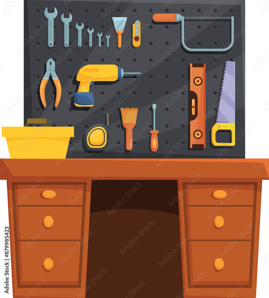 Aufkleber carpenter's workbench is shown with a pegboard hanging above, displaying an array of tools