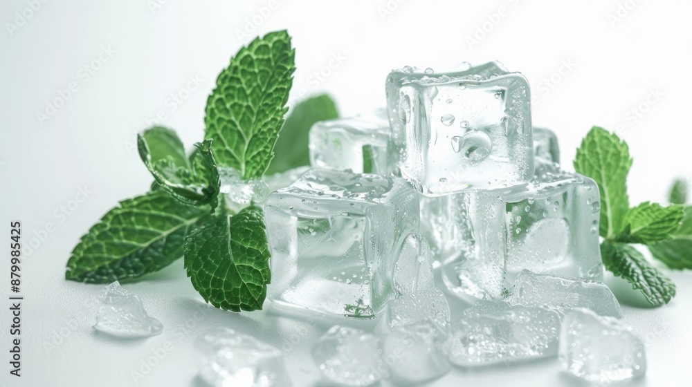 Aufkleber fresh mint leaves floating on top of a pile of ice cubes, perfect for cooling drinks or adding flavo