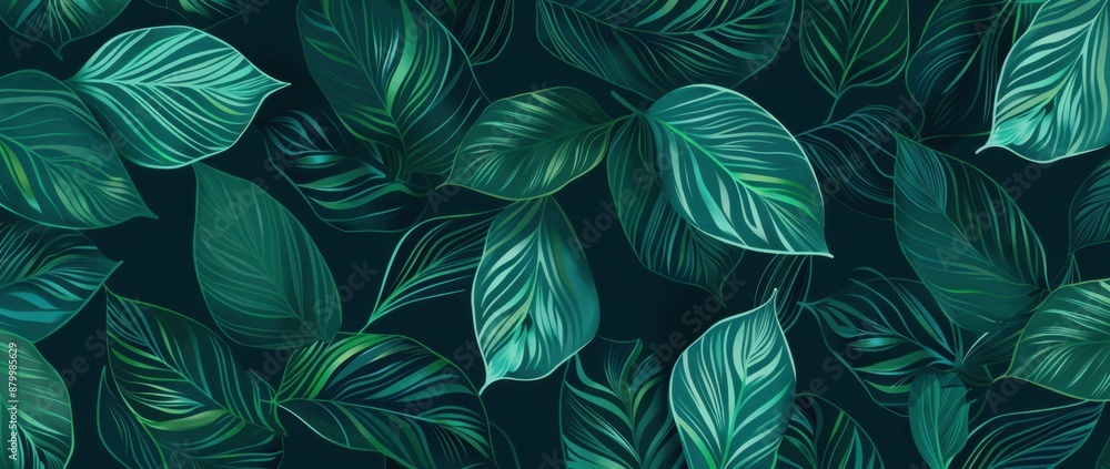 Poster pattern of green leaf texture in the style of simple line art against a dark emerald background colo