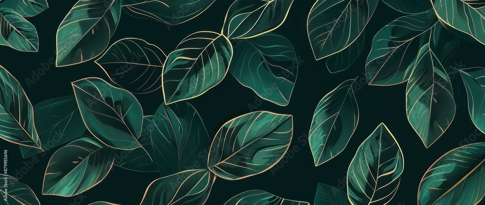 Poster pattern of green leaf texture in the style of simple line art against a dark emerald background colo