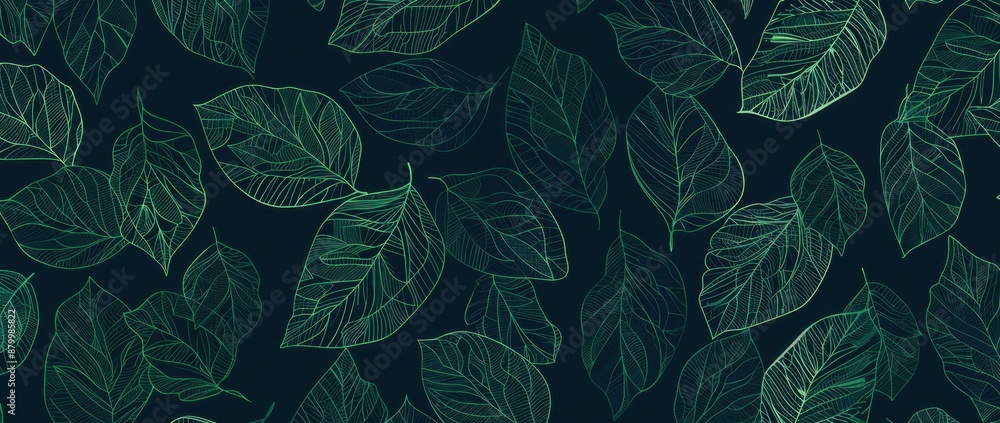 Poster dark green background with a seamless pattern of leaf outlines generative ai