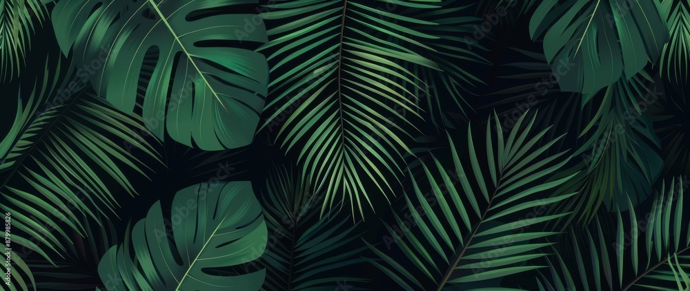 Poster dark green seamless pattern with palm leaves texture generative ai