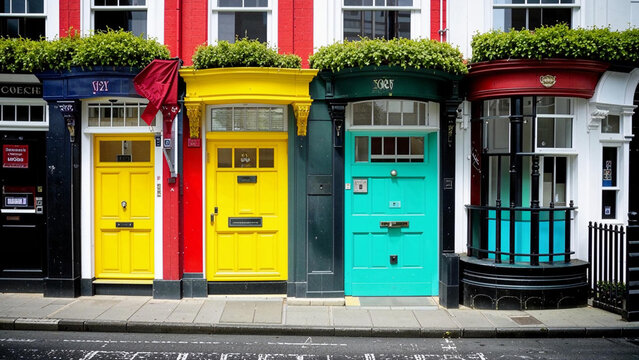 brightly colored doors and windows of a row of buildings