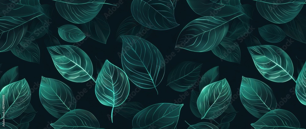 Poster dark green background with a leaf pattern abstract leaves outlines on a dark emerald green colored b
