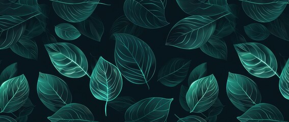 Dark green background with a leaf pattern abstract leaves outlines on a dark emerald green colored background Generative AI