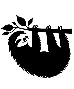black icon of sloth hanging on a tree branch isolated on white resembling, laziness, slothfulness, indolence, sluggishness, dullness, heaviness, slowness