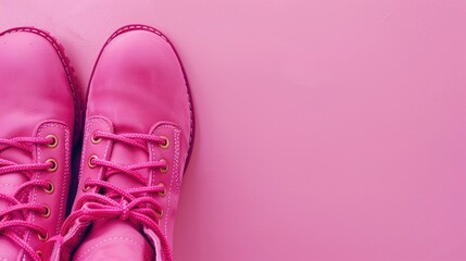 Pink boots on pink surface with space for text arranged neatly Modern simple travel footwear