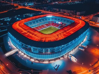 Stadium with red and blue roof lit up at night