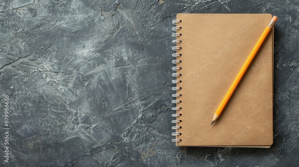 Poster notebook with pencil on gray background in top view spiral school notebooks and flat lay office note