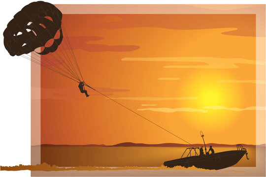 parasailing, silhouette of person with a parachute being towed by a motor boat on open water with a sunset sky in the background