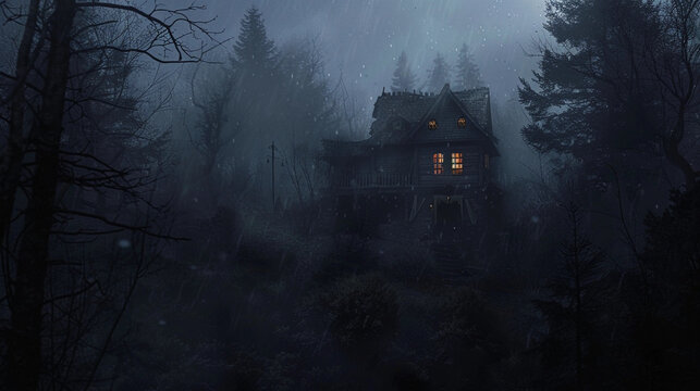 Scary cabin in the woods illustration