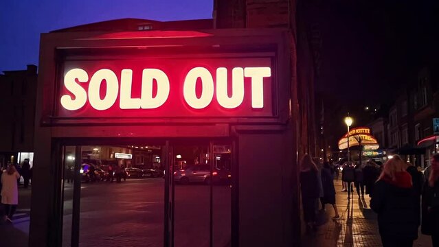 Tracking along a wet grungy alleyway to the front of a comedy club with a big red neon sign that says "Sold Out".