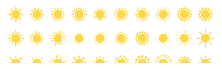 sun icon set. sun vector. sunshine icon set. sunlight effect. yellow sun symbol. sunshine vector sign collection. transparent background. heat. circle pattern. vector illustration.