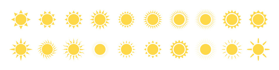sun icon set. sun vector. sunshine icon set. sunlight effect. yellow sun symbol. sunshine vector sign collection. transparent background. heat. circle pattern. vector illustration.