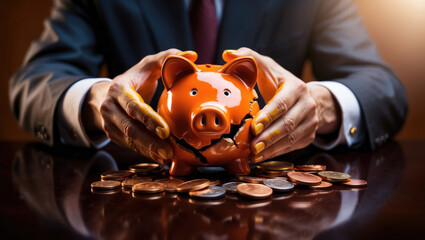 cracked orange colored ceramic piggy bank with gold coins spilling out on the table protected by two male hands