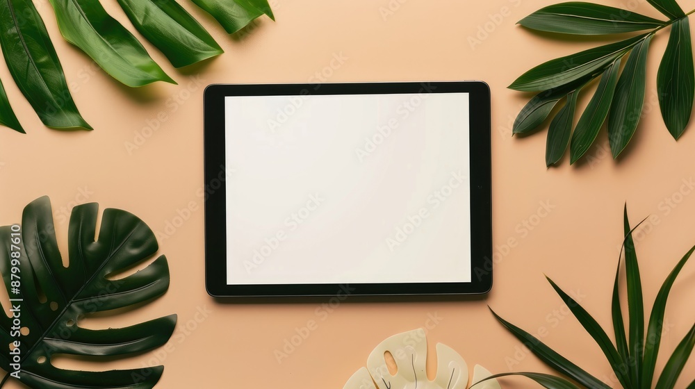 Poster Blank screen tablet on beige background viewed from above