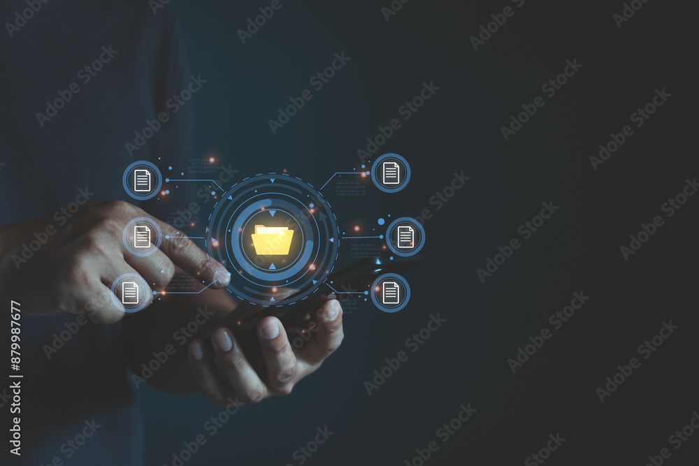 Aufkleber Document management system concept, DMS. Business people hold folder and document icon software, searching and managing files online document database, for efficient archiving and company data.