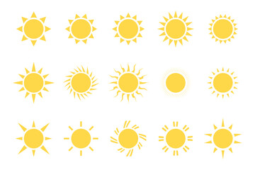 sun icon set. sun vector. sunshine icon set. sunlight effect. yellow sun symbol. sunshine vector sign collection. transparent background. heat. circle pattern. vector illustration.