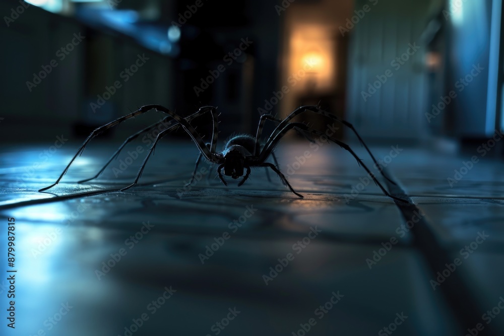 Poster a close-up shot of a spider sitting on the floor in a dark room, providing an intimate look at its t