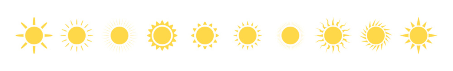sun icon set. sun vector. sunshine icon set. sunlight effect. yellow sun symbol. sunshine vector sign collection. transparent background. heat. circle pattern. vector illustration.