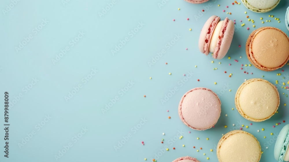 Poster macarons dessert on pastel blue background with pattern from above with space for text