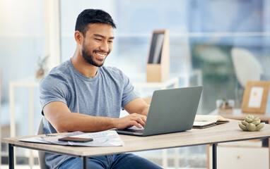 Fototapeta premium Happy, typing and man with laptop, online and virtual assistant in home office and customer support. Digital, employee and remote work for schedule of company, paperwork and smile of person in house