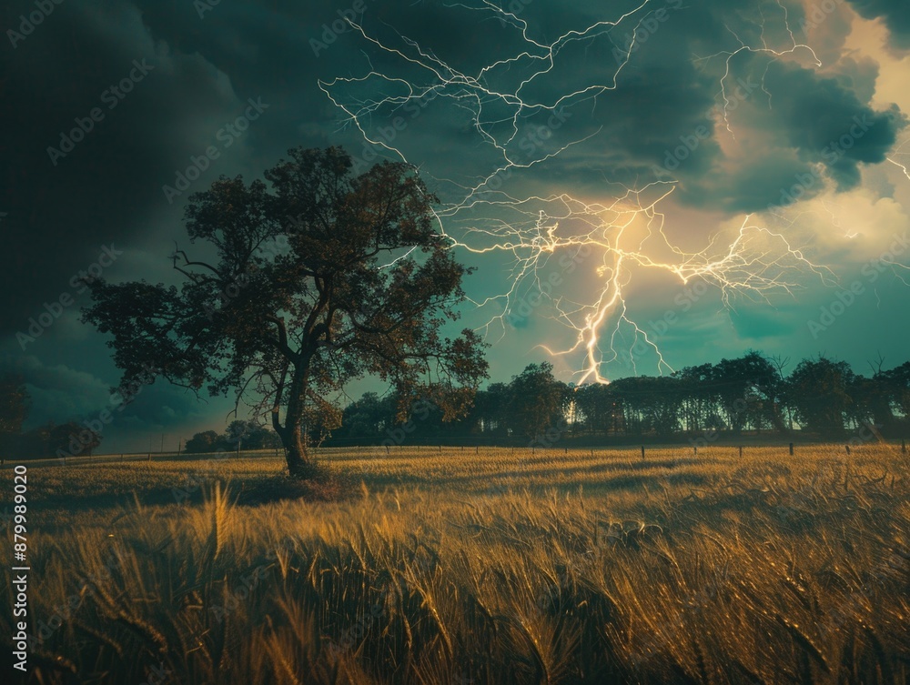 Wall mural Tree is in middle of field with storm in background