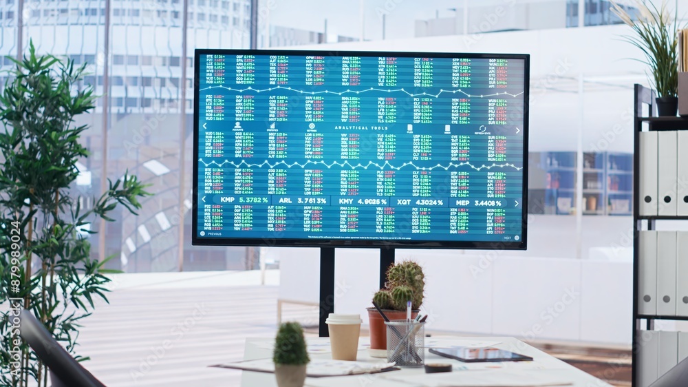 Poster big screen in financial department office shows stock exchange indices changing in real time. displa